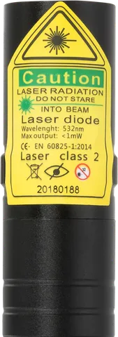 Grüner Laserpointer kompakt G2 Pro – Nahaufnahme des Warnetiketts mit der Laserklasse