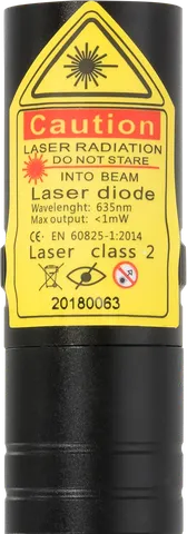 Roter Laserpointer kompakt R2 Pro – Nahaufnahme des Warnetiketts mit der Laserklasse