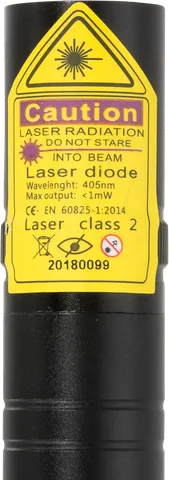 Violetter Laserpointer kompakt V2 Pro – Nahaufnahme des Warnetiketts mit der Laserklasse